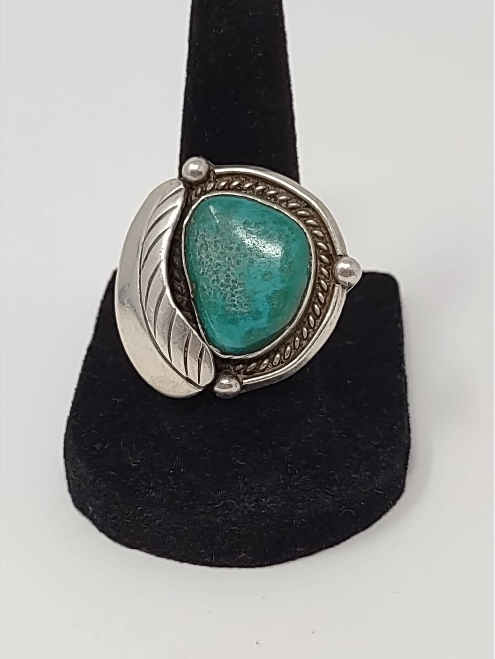 VTG Sterling Silver 925 Turquoise Cabochon Leaf Ring Sz 6.5